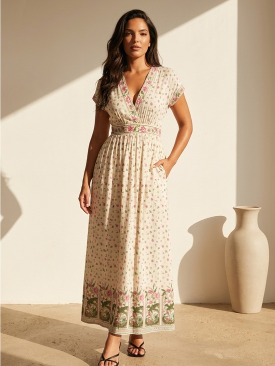 Max Studio Dresses & Skirts - Max Studio Cream Maxi Dress with Pink Floral Trim